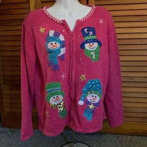 Ugly Christmas Cardigan Sweater Hot Pink Tacky Snowman Holiday Office Party